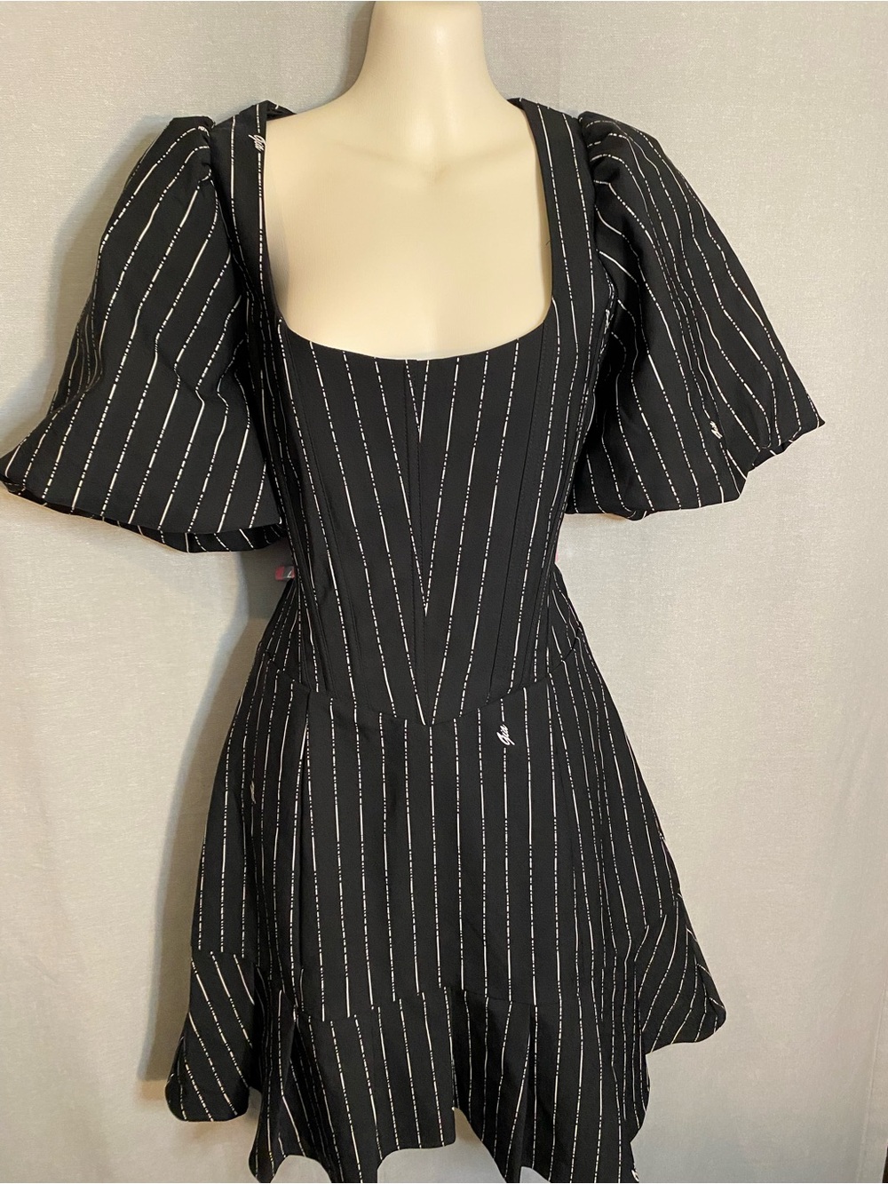 I.AM.GIA Black Pinstripe Puff Sleeve Square Neck Mini Dress